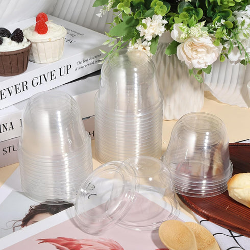 KKONHII 100 Pack Disposable Dessert Cups, Stackable Clear Plastic Cups with Lids, Mini Parfait Cups with No Holes Flat