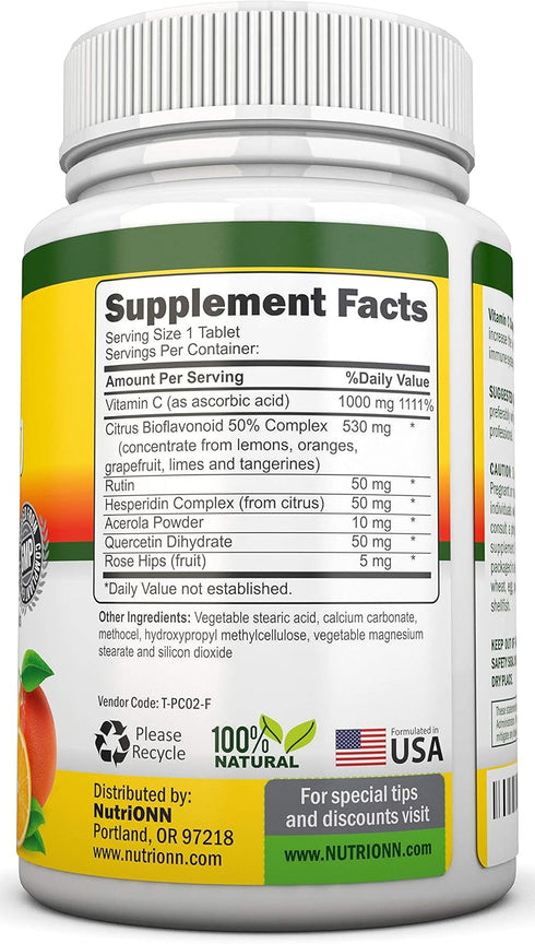 Super Vitamin C Complex - 1695Mg - 180 Tablets - With 530 mg Natural Citrus Bioflavonoids, Rose Hips, Rutin, Quercetin & Hesperidin For Increased Absorption - Advanced Immune Support - Non-GMO