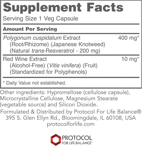 Protocol Resveratrol 200 mg - Natural Trans-Resveratrol with Japanese Knotweed & Red Wine Extract - Vegan & Non-GMO -