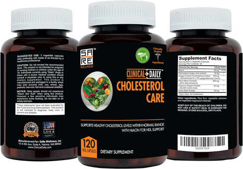Clinical Daily Cholesterol Care Supplement - Vegan Plant Sterols with Guggul, Garlic, Niacin - 120 Capsules