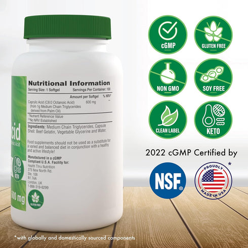 Health Thru Nutrition Caprylic Acid 600mg 100 Softgels | C8 Octanoic Acid from pure 1g MCT Oil | Non-GMO & Soy Free | Support Healthy Digestive and Intestinal Health | Keto Friendly