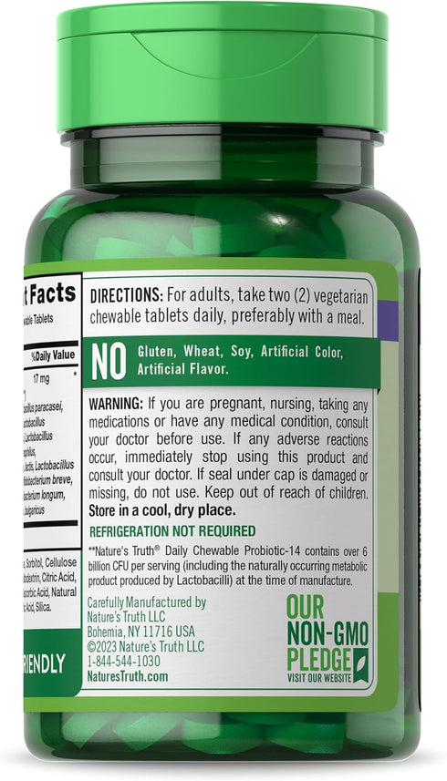 Nature's Truth Probiotic Chewable for Men and Women | 60 Count | 6 Billion CFU | 14 Strains | Berry Flavor | Non-GMO &