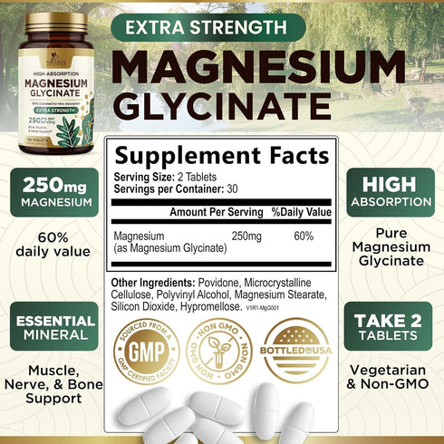 Magnesium Glycinate Supplement, 250 mg, 100% Chelated Magnesium Supplement for High Absorption - Muscle, Heart, Bone and Nerve Health Support, Gluten Free, Vegan, Non-GMO - 60 Magnesium Tablets
