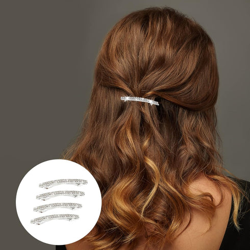 Small Sparkly Rhinestone Hair Clips, Silver Metal Rectangular Spring Barrettes for Women and Girls