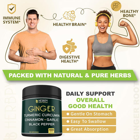 5in1 Ginger Supplement 7550mg - 100 Vegan Capsules for Digestion, Immune & Heart Health
