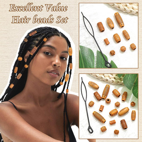 NAISKA 45 Pcs Wooden Hair Jewelry for Braids, Locs Dreadlock Accessories, DIY Braid Clips and Cuffs for Women Girls