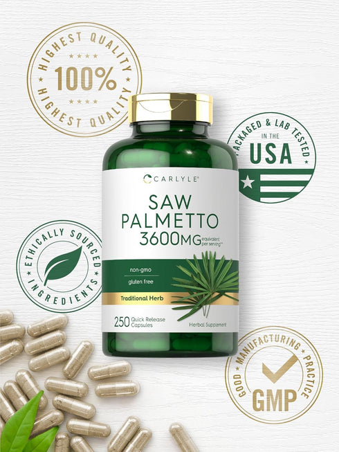 Carlyle Saw Palmetto Extract, 3600mg, 250 Capsules, Non-GMO Gluten Free Formula from Saw Palmetto Berries