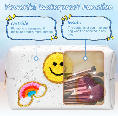 WECOOL Makeup Bag - Cute Smiley Face & Heart Pattern Preppy Patch Makeup Bag, Portable Large Capacity Cosmetic Bag for