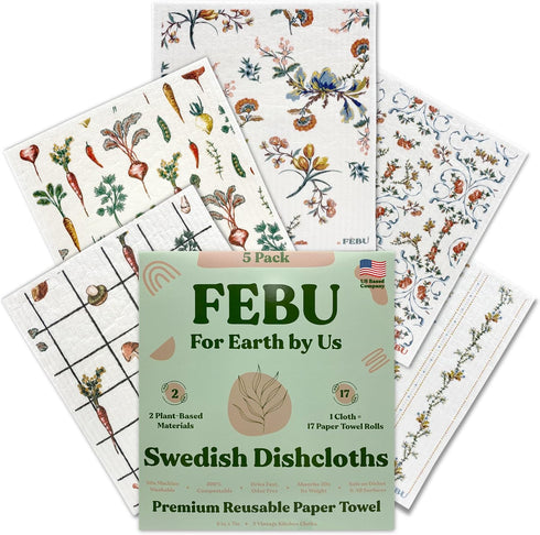 FEBU Swedish Dishcloths for Kitchen, 5 Pack Vintage Reusable Paper Towels