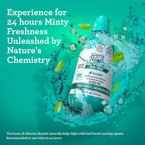 GuruNanda Mouthwash Oral Rinse, Wild Mint, 16 Fl Oz, Promotes Fresh Breath up to 24 hours, Alcohol-free, ADA Accepted
