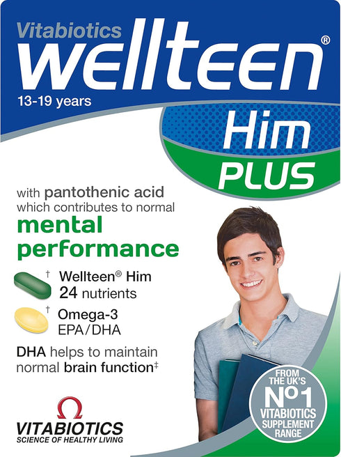 Wellteen Him Plus Omega-3, 56 Tablets and Capsules - Maximum Nutritional Support for Teenagers and Young Men Ages 13-19