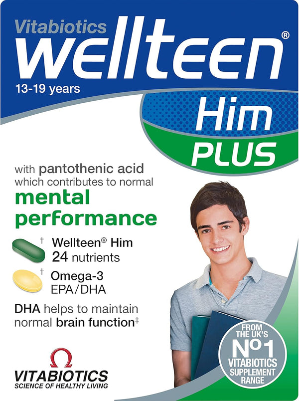 Wellteen Him Plus Omega-3, 56 Tablets and Capsules - Maximum Nutritional Support for Teenagers and Young Men Ages 13-19