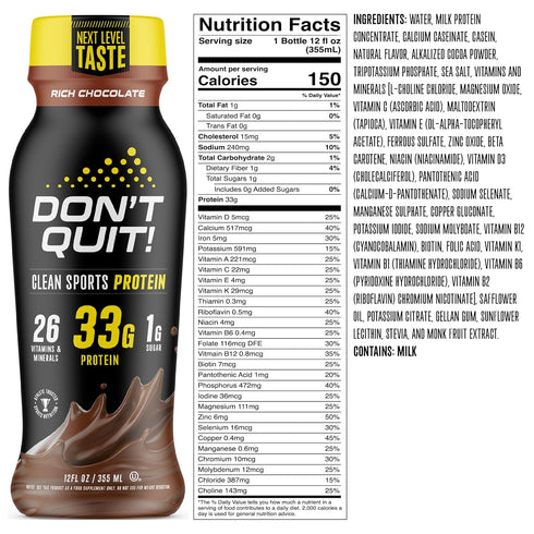 DON’T QUIT Clean Sports Protein Shake - 33 Grams Protein, 26 Vitamins & Minerals, 1 Gram Sugar, No Artificial Colors,