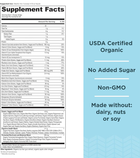 Ancient Nutrition Organic SuperGreens and Multivitamin Powder with Probiotics, 25 Servings for Digestive Support