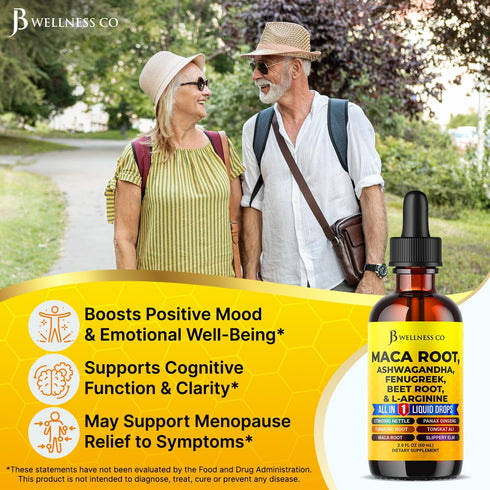 JB Wellness Co 4oz Organic Maca Root Liquid Drops with Ashwagandha, Nettle, Fenugreek, Beet Root and L-Arginine Liquid
