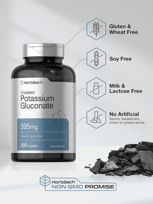 Horbaeach Chelated Potassium Gluconate 595mg Supplement | 300 Count | Vegetarian, Non-GMO, Gluten Free