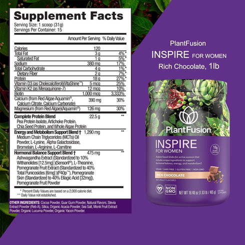 PlantFusion Inspire Plant Protein Powder for Women - Low Carb, Keto, Gluten Free, Non-Dairy, Rich Chocolate, 1 lb