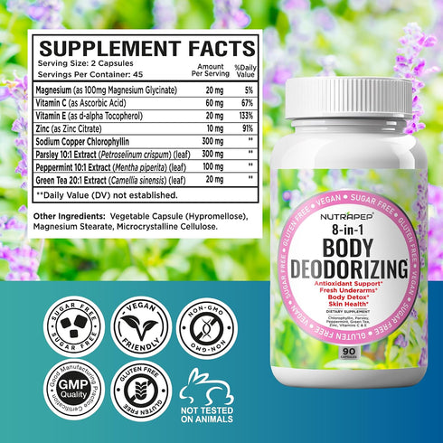 NutraPep Body Deodorizing Supplement - Odor Eliminator & Internal Deodorant Pills for Fresh Breath Skin Health & Detox