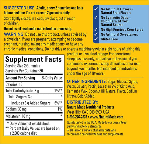 Nature Made Time Release Melatonin 10mg Gummies - Maximum Strength Dosage, 100% Drug Free Sleep Aid for Adults, 60