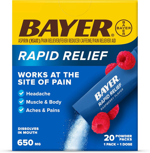 Bayer Rapid Dissolvable Raspberry Flavor Powder Packs with Aspirin & Caffeine for Fast Acting Headache Relief