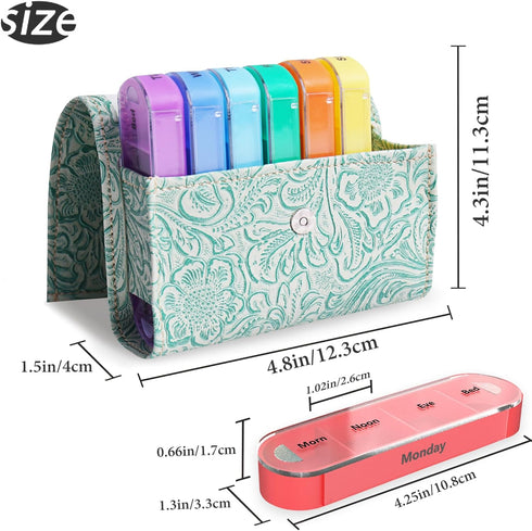Haecsfl 7 4 7 Case(1-Carved Green1) Pill Organizer, Weekly Travel Pill Case Box Medication Reminder Daily AM PM, Day