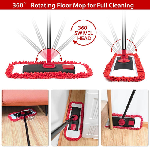 JEHONN Floor Mop - Dry Wet Flat Dust Mops with Microfiber & Chenille Pads for Hard Wood, Laminate, Tile