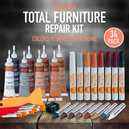 Set 34, Furniture Repair Kit of Wood Scratch Repair Markers, Wax Crayons and Wood Filler with Brushes and Sharpener
