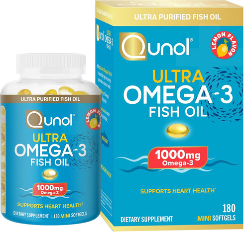 Qunol Fish Oil Omega 3 Mini Softgels, 1000mg Omega 3 EPA + DHA, Ultra Pure Supplements for Heart Health, Lemon Flavor,