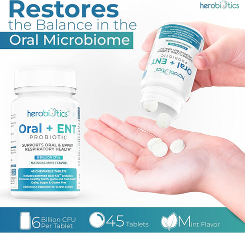 Oral Probiotics for Better Breath, Gingivitis, Strep Throat, Tonsil Stones, ENT - 6 Bn CFU Oral Probiotics with Lactobacillus Reuteri, L. Plantarum & BLIS K12-45 Chewable Tablets