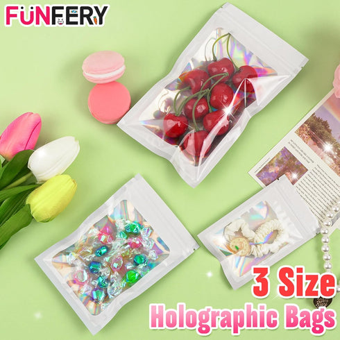 Funfery 300 Pack Mylar Holographic Bags with Clear Window, Resealable Smell Proof Zipper Foil Bags