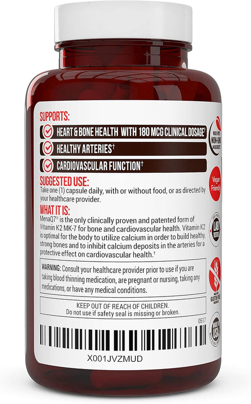 Vitamin K2 MK-7 Supplement 180mcg, Supports Bone & Heart Health, 60 Easy to Swallow Vegetable Caps