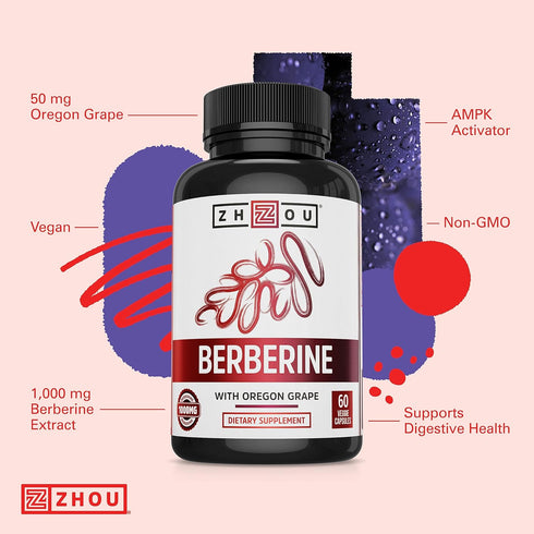 Zhou Nutrition Berberine Supplement, 1000mg with Oregon Grape, Vegan, Gluten-Free, 30 Servings