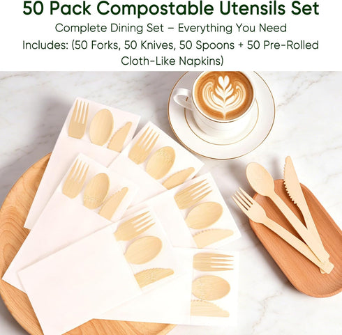 Set, Events-50 Pack Napkin and Bamboo Cutlery Compostable Utensils Disposable Cutlery for Party, Wedding, BBQ, Camping