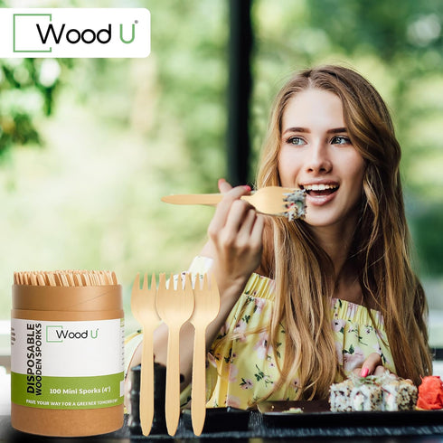 Mini Wooden Spork Disposable - Eco-Friendly Dessert, Appetizers, Cocktails, Biodegradable, Pack of 100