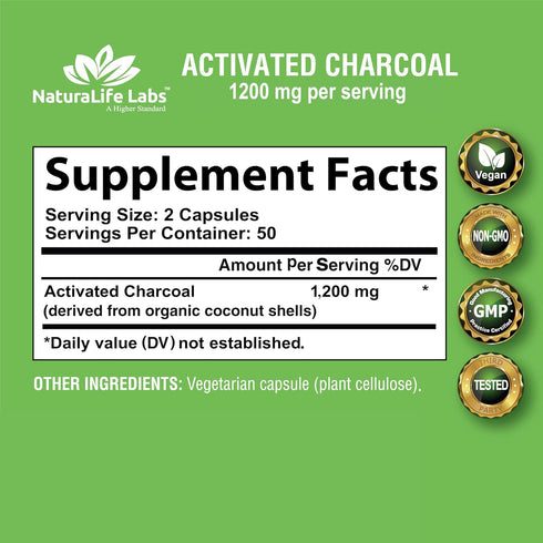 Activated Charcoal Capsules - 1,200 mg Highly Absorbent Helps Alleviate Gas & Bloating Promotes Natural detoxification Derived from Coconut Shells - per Serving - 100 Vegan Capsules