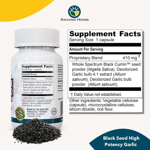 Amazing Herbs Whole Spectrum Black Seed & Garlic, 100 Count Vegetarian Capsules, Supports Health