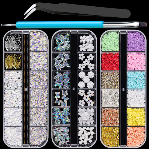 Mixed 3D Nail Art Gem Decoration Accessories Kit #1, Aurora Bear Bow Butterfly Starry AB Rhinestone Charm Jewelry