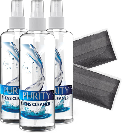 Purity Eyeglass Lens Cleaner Spray Kit - 3 x 8oz Spray Bottle + 2 Microfiber Cloth for All Lenses