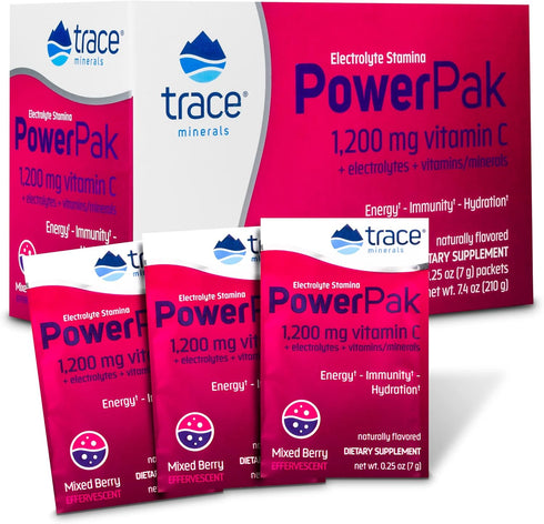 Trace Minerals Power Pak Electrolyte Powder Packets, 1200 mg Vitamin C, Zinc, Magnesium, Mixed Berry, 30 Packets
