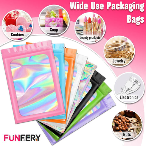 Funfery 300 Pack Mylar Holographic Bags with Clear Window, Resealable Smell Proof Zipper Foil Bags