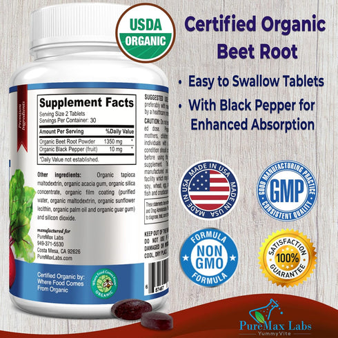 Organic Beet Root Powder Tablets - 1350mg with Black Pepper for Faster Absorption - 60 Tablets for Energy and Stamina