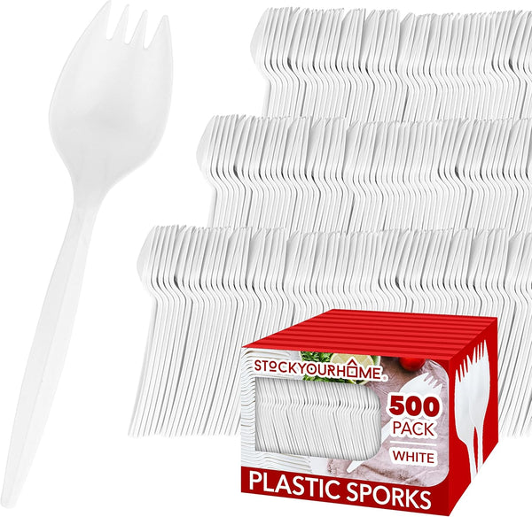Disposable Sporks - 500 Pack White Plastic Sporks, BPA Free 2 in 1 Utensils for School Lunch, Picnics & Parties