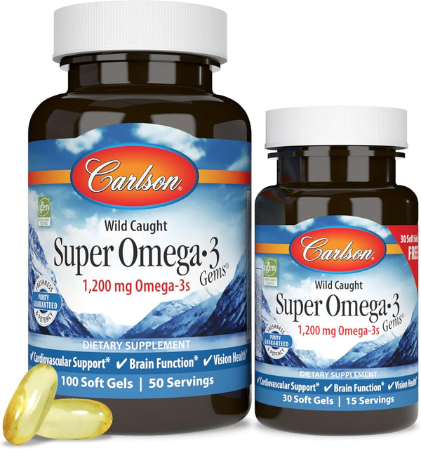Super Omega-3 Gems, 1200 mg Omega-3 Fatty Acids, Sustainably Sourced Fish Oil Capsules, Carlson, 100+30 Softgels