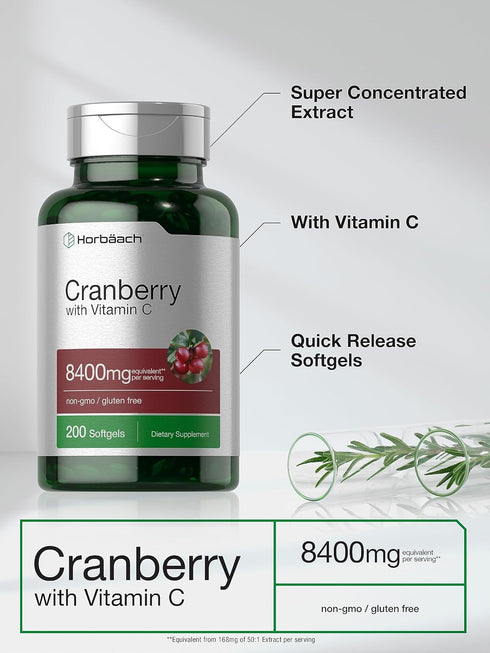 Horbaeach Cranberry Pills with Vitamin C | 8400mg | 200 Softgels | Non-GMO, Gluten Free Concentrate Extract Supplement