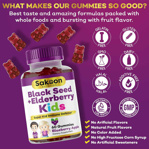 Elderberry & Black Seed Oil Gummies for Kids, Immune Support with Vitamin C and Zinc, Delicious Berry Flavor, 60 Gummies