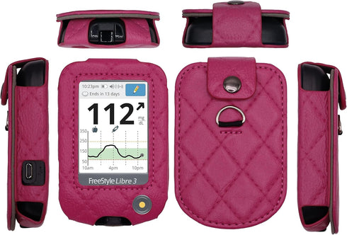 Plaid Fitted Leather Case with Screen Protector & Lanyard for Freestyle Libre 3, Freestyle Libre 2 (Hot Pink)