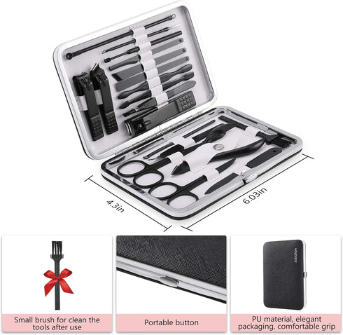 Manicure Set - Jubolion 19pcs Stainless Steel Nail Clippers Pedicure Kit with Black Leather Case