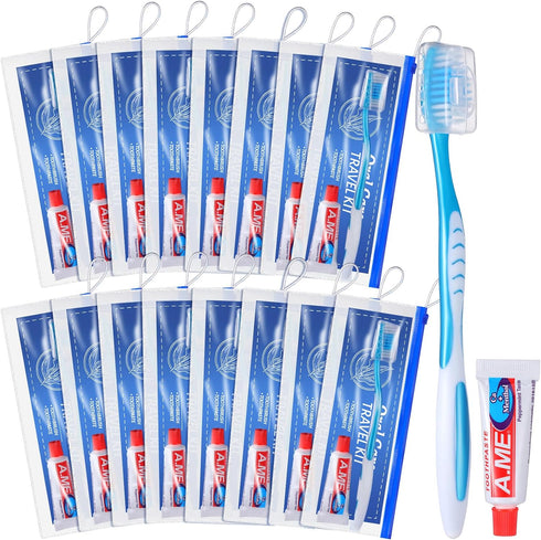 30 Set Travel Kit Toothbrush and Cover Bulk with Soft Bristles, Toothpaste, Resealable Bag for Charity, Hotel, Home
