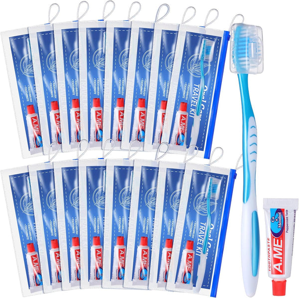 30 Set Travel Kit Toothbrush and Cover Bulk with Soft Bristles, Toothpaste, Resealable Bag for Charity, Hotel, Home