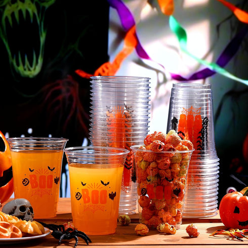 Tiangrid 100 16 oz Pcs Halloween Plastic Cups Bulk Disposable Halloween Boo Party Cups Spooky Clear Plastic Glasses